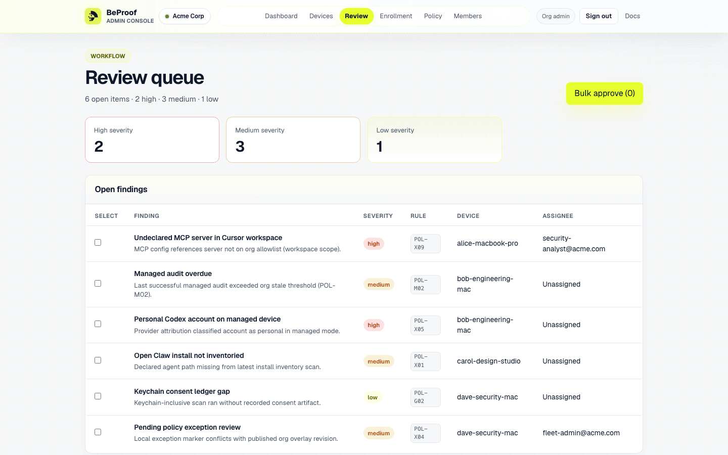BeProof Admin review queue with severity badges and bulk approve
