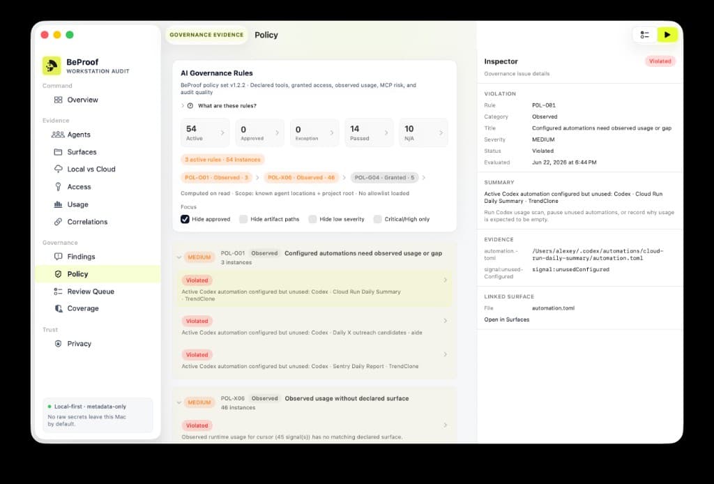 BeProof macOS Policy tab showing AI Governance Rules, clickable policy metrics, rule groups, and inspector