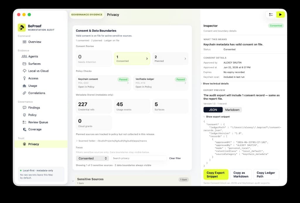 BeProof macOS Privacy tab with consented keychain source, metadata counts, policy checks, and inspector showing Consent Details and Export Preview JSON snippet