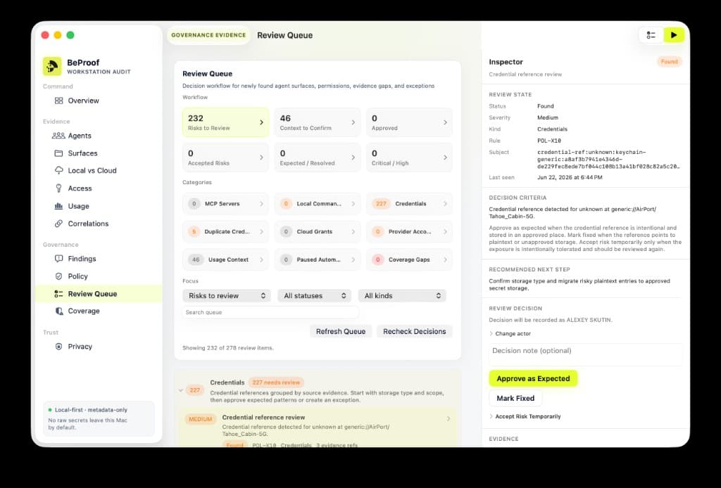 BeProof Review Queue showing policy findings ready for human review